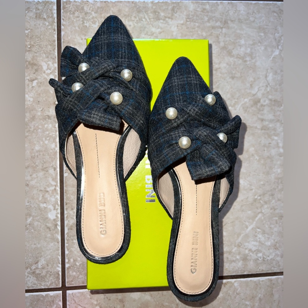 Gianni Bini Plaid Flannel and Pearl Mule Flats